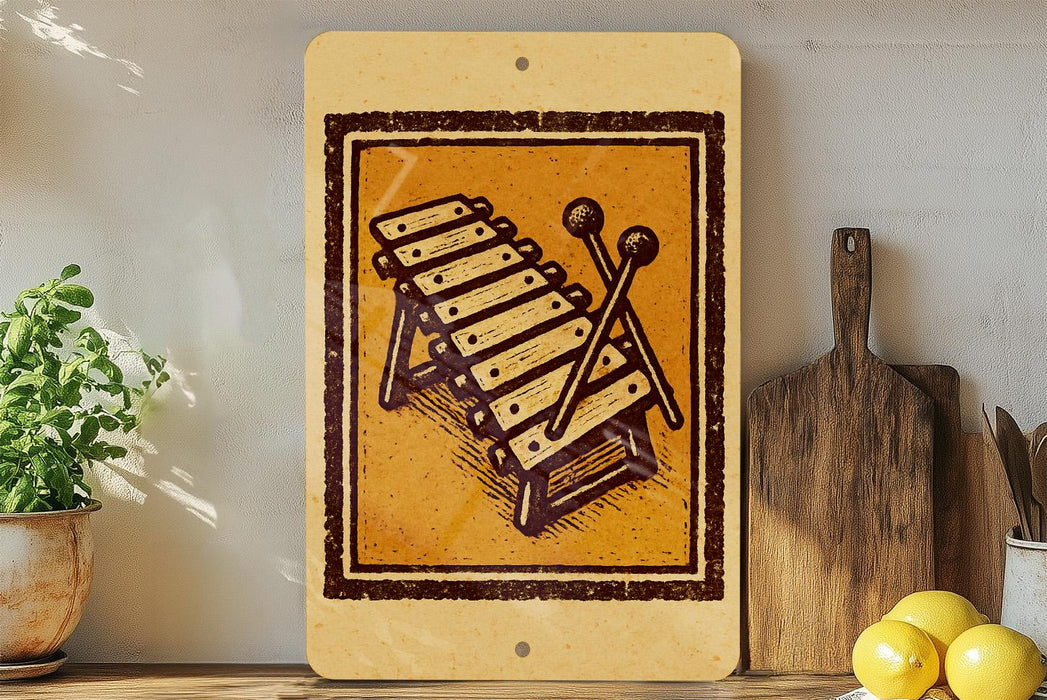 a wooden musical instrument, specifically a xylophone, displayed on a shelf next to a potted plant and kitchen utensils.