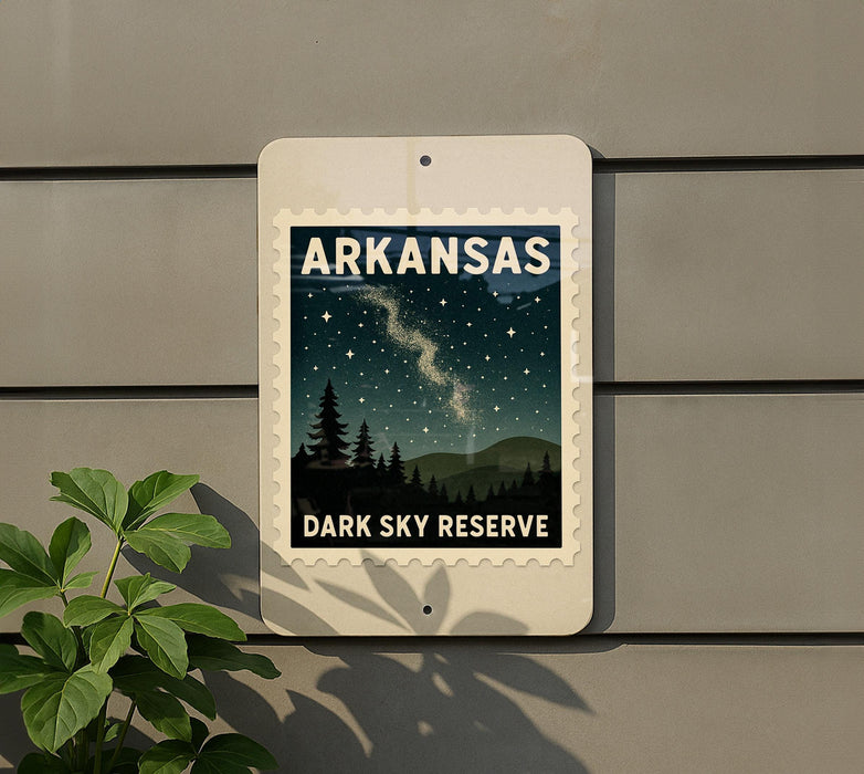 A sign for Arkansas' Dark Sky Reserve, featuring a night sky with stars and silhouettes of trees, mounted on a wall.