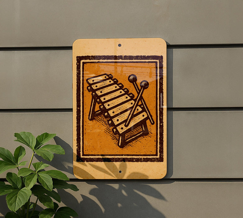 a sign with a musical instrument, specifically a xylophone, mounted on a wall.