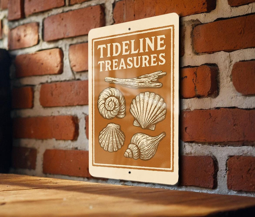 A sign with the text "TIDELINE TREASURES" and illustrations of various seashells is displayed on a brick wall.