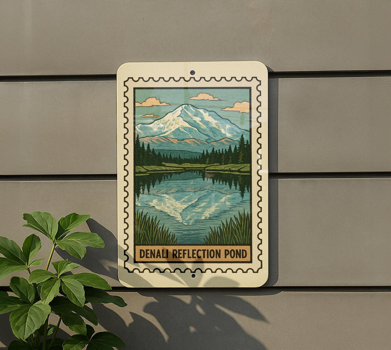 A sign depicting a mountain lake with a mountain in the background, mounted on a wall next to a plant.