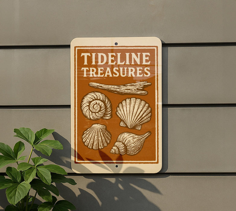 a sign with the text "Tideline Treasures" and illustrations of various seashells.