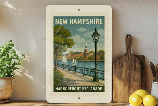 A framed poster of a harborfront esplanade in New Hampshire, featuring a scenic view of the water and boats.
