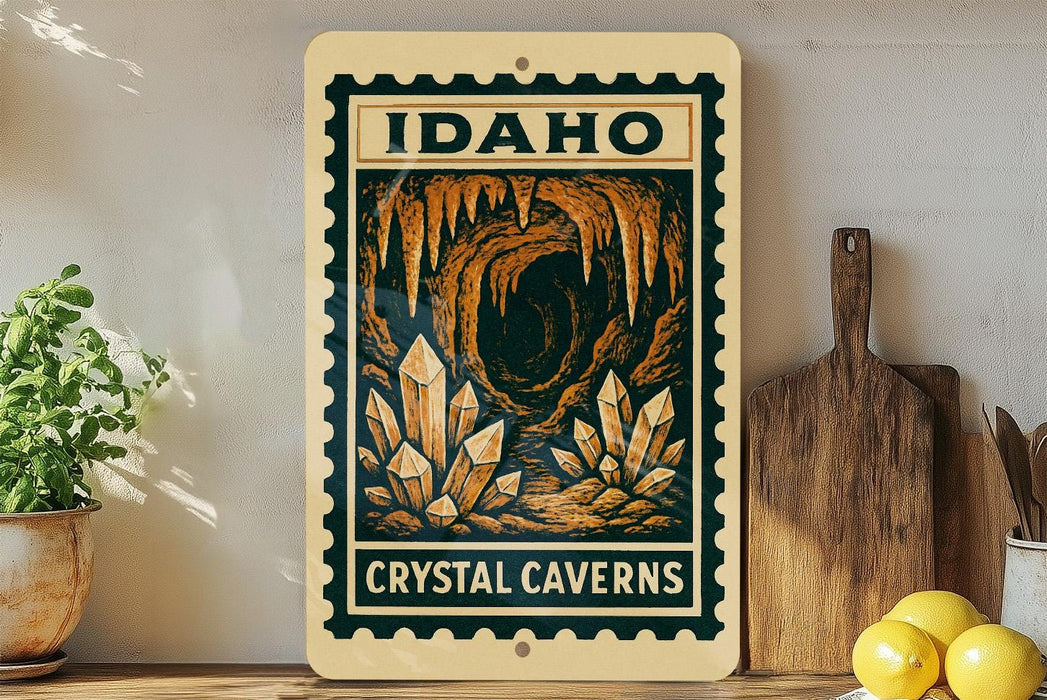 A framed poster of the crystal caves in Idaho hangs on a wall, surrounded by kitchen utensils and a potted plant.