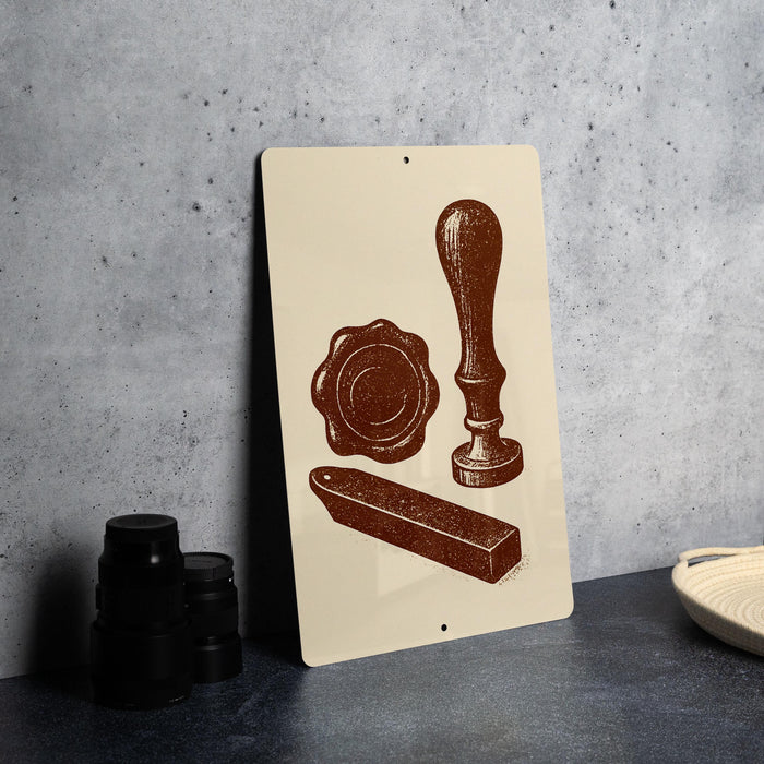 a beige sign with a brown illustration of a seal, a wax seal, and a wax stamp on it, placed on a gray countertop next to some black camera lenses.