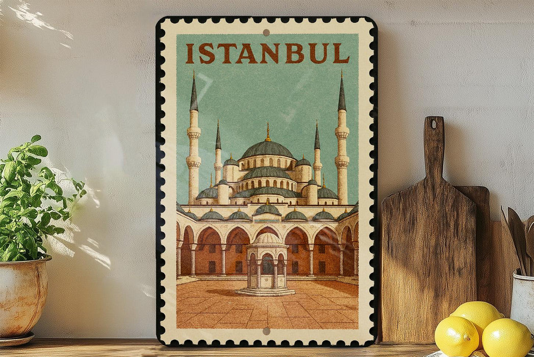 A framed illustration of the Blue Mosque, a famous landmark in Istanbul, Turkey, is displayed on a wall.