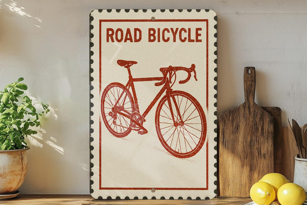 a vintage-style sign with a red bicycle illustration, placed on a wooden surface next to a potted plant and a wooden cutting board.