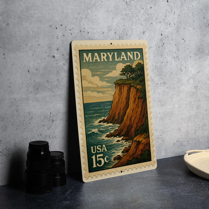 A framed postage stamp from the United States of America, depicting a scenic coastal cliff with the ocean in the background.
