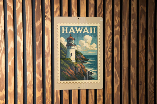 A vintage-style stamp depicting a lighthouse on a cliff overlooking the ocean, with the word "HAWAII" written on it, is displayed on a wooden wall.