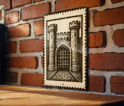A metal sign with a castle illustration is mounted on a brick wall.