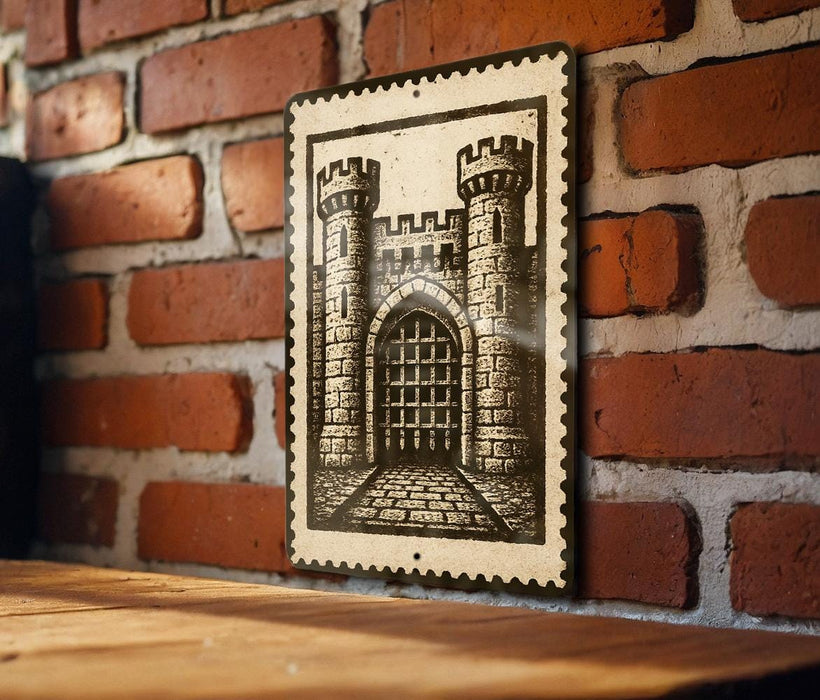A metal sign with a castle illustration is mounted on a brick wall.