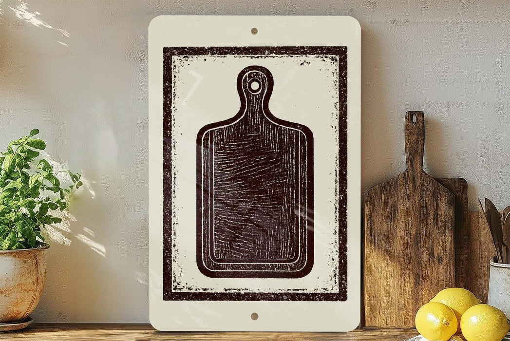 a kitchen scene with a wooden cutting board, a potted plant, and a wooden cutting board with a knife on a shelf.