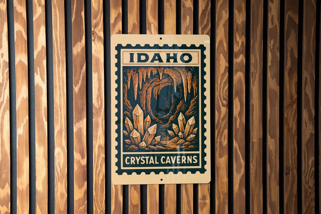 A sign for the Crystal Caves in Idaho, featuring an illustration of a cave with crystals.