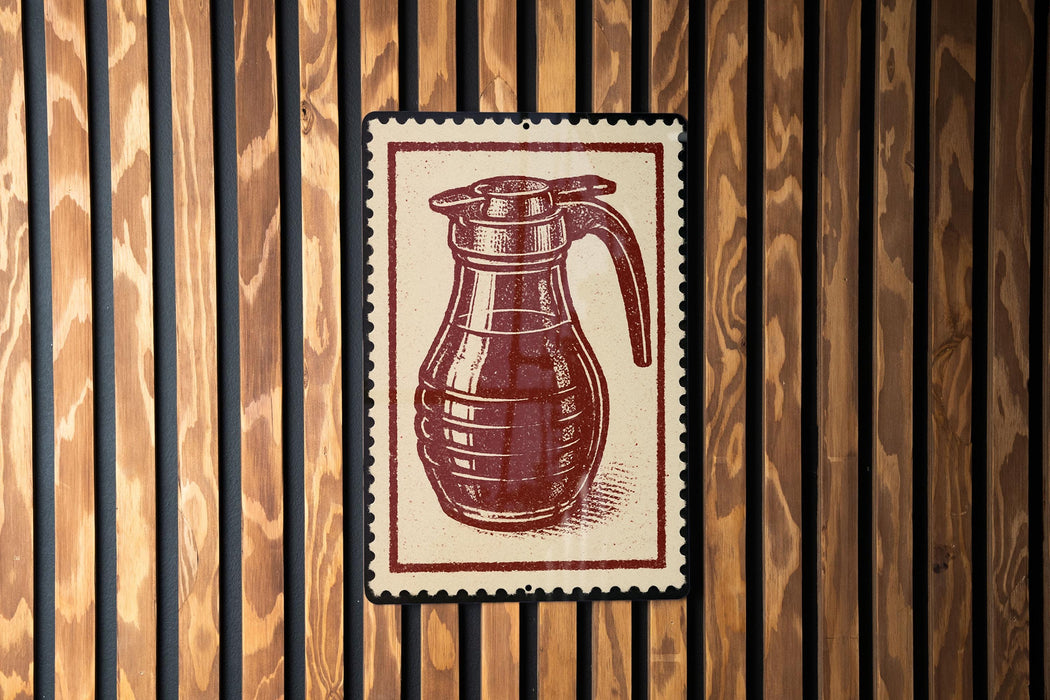 A red and white illustration of a coffee mug is displayed on a wooden wall.