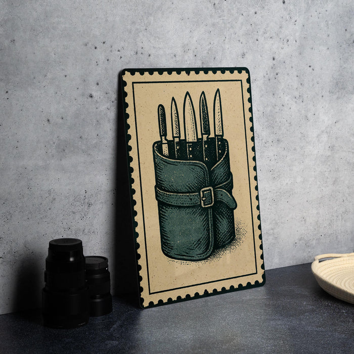 a framed illustration of a knife set, with a green leather case containing multiple knives.