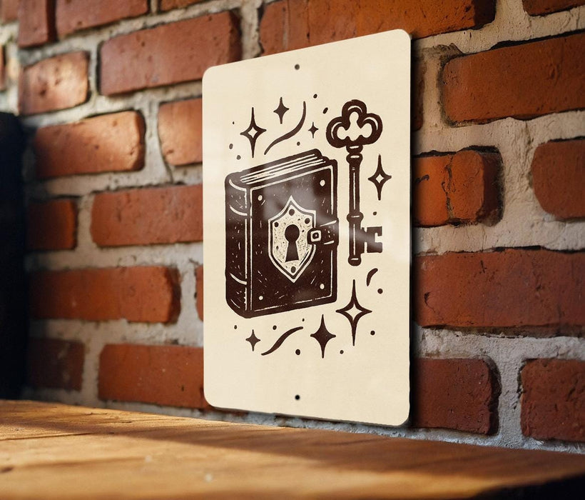 A sign with a key and a book illustration is displayed on a brick wall.