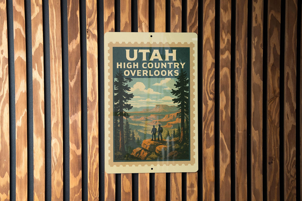 A vintage-style poster of the High Country overlooks, featuring a scenic landscape with mountains, pine trees, and two people standing on a rock.