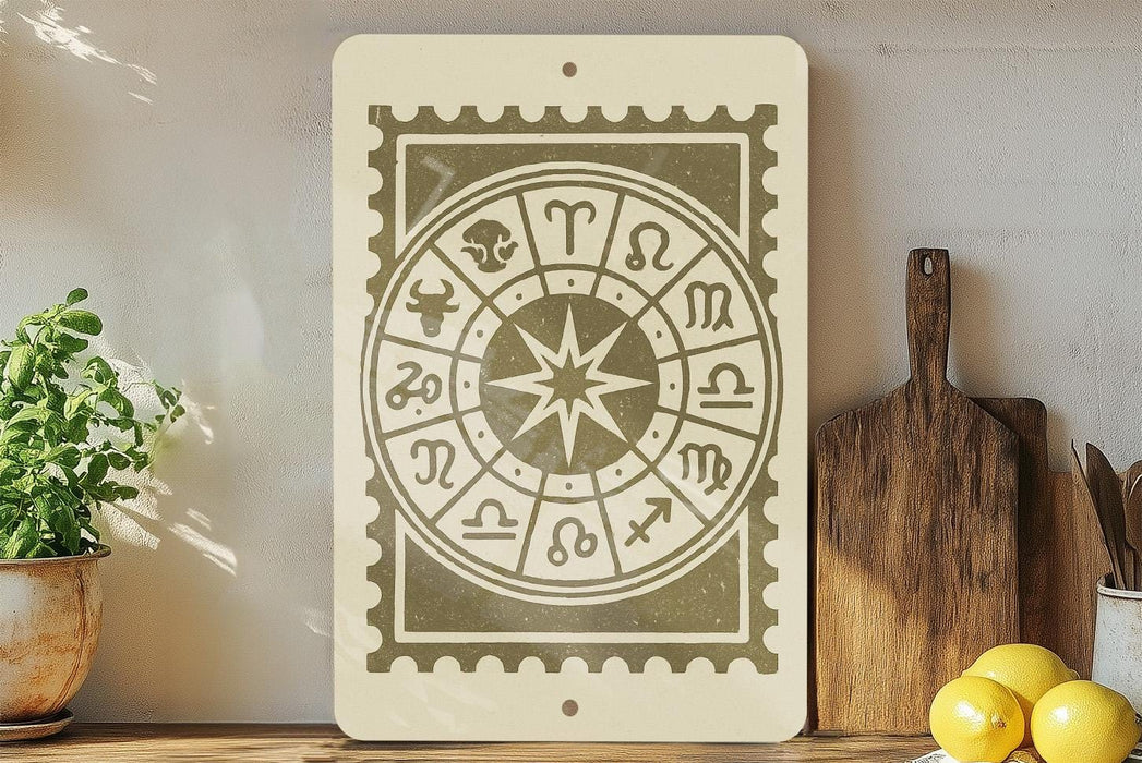 a wooden shelf with a potted plant, a wooden cutting board, and a wooden bowl. The shelf also displays a decorative sign with astrological symbols and a star at the center.