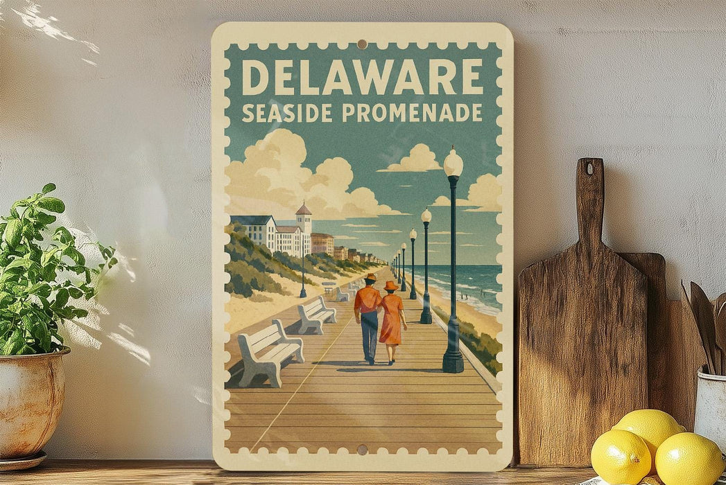 A vintage-style poster of a boardwalk in Delaware, featuring a couple walking along the boardwalk with a scenic view of the ocean and buildings in the background.