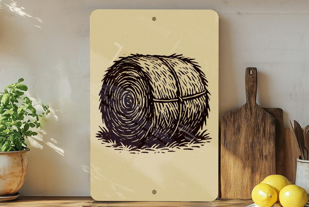 a wooden cutting board, a potted plant, and a sign with a drawing of a hay bale.