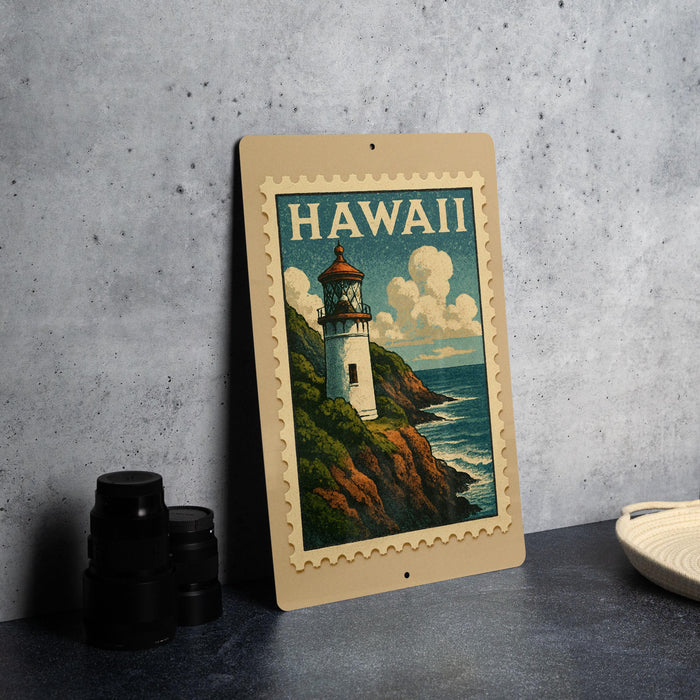 A framed vintage poster of a lighthouse on a cliff, with the word "HAWAII" written on it, is displayed on a countertop.