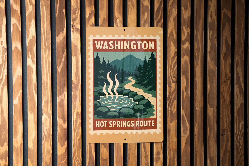 A sign for the "Hot Springs Route" in Washington, featuring a scenic illustration of a hot spring surrounded by pine trees and mountains.