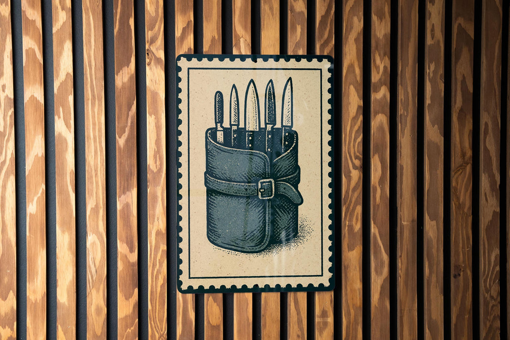 A framed illustration of a knife set is displayed on a wooden wall.