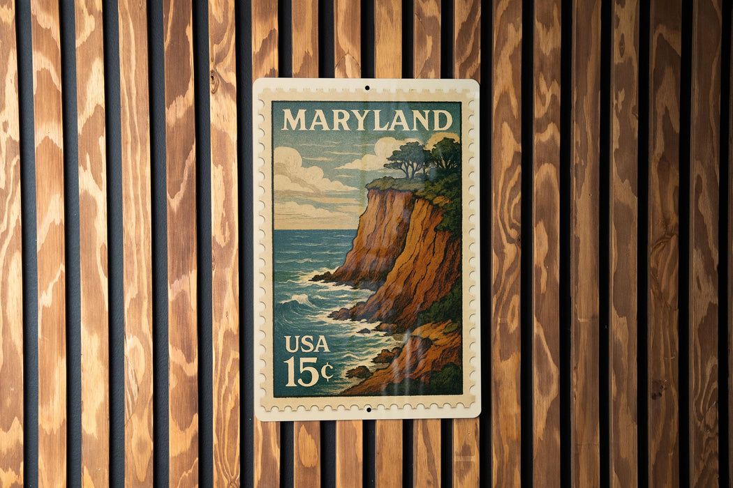 A vintage Maryland postage stamp is displayed on a wooden wall.