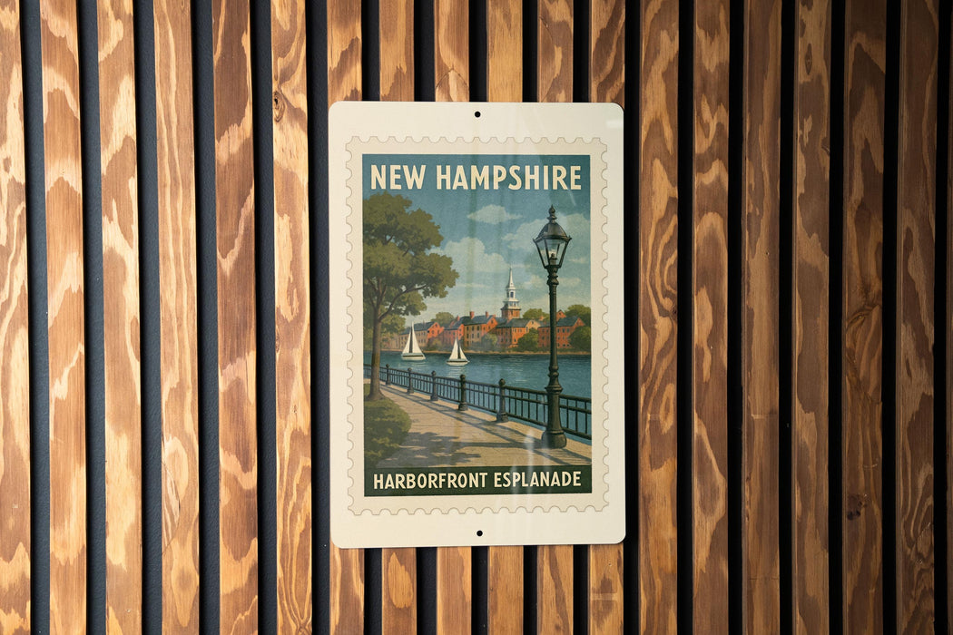 A vintage New Hampshire postage stamp featuring a harborfront esplanade, with a lamppost and sailboats in the background.