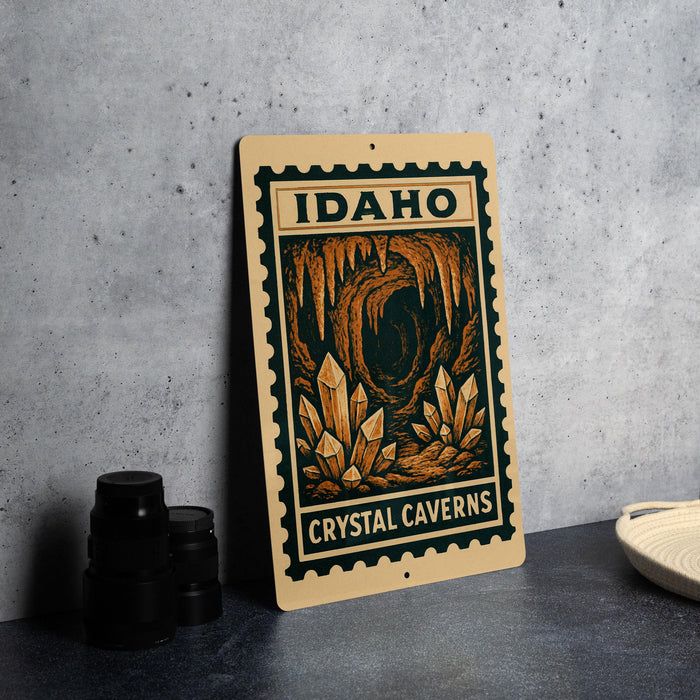 A metal sign with the text "IDAHO CRYSTAL CAVENS" and an illustration of a cave with crystals, placed on a table next to some black camera lenses.