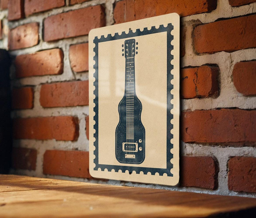 A wooden table with a brick wall in the background, and a framed image of a guitar on the wall.