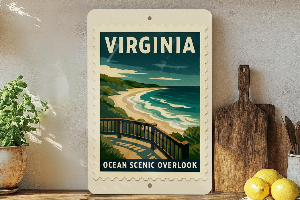 A framed poster of a scenic ocean view, featuring a wooden bridge and a beach, is displayed on a shelf next to a wooden cutting board and a potted plant.