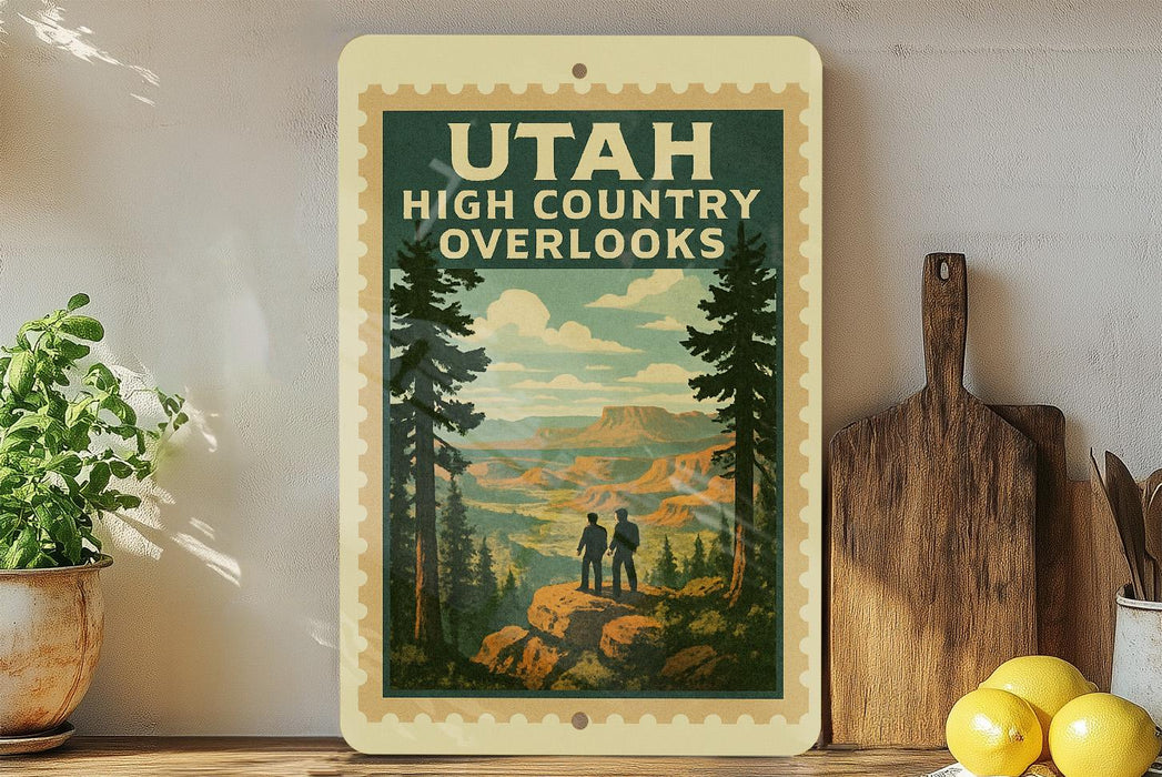 A vintage-style poster of the High Country overlooks, featuring a scenic mountain landscape with two people standing on a rocky outcropping.