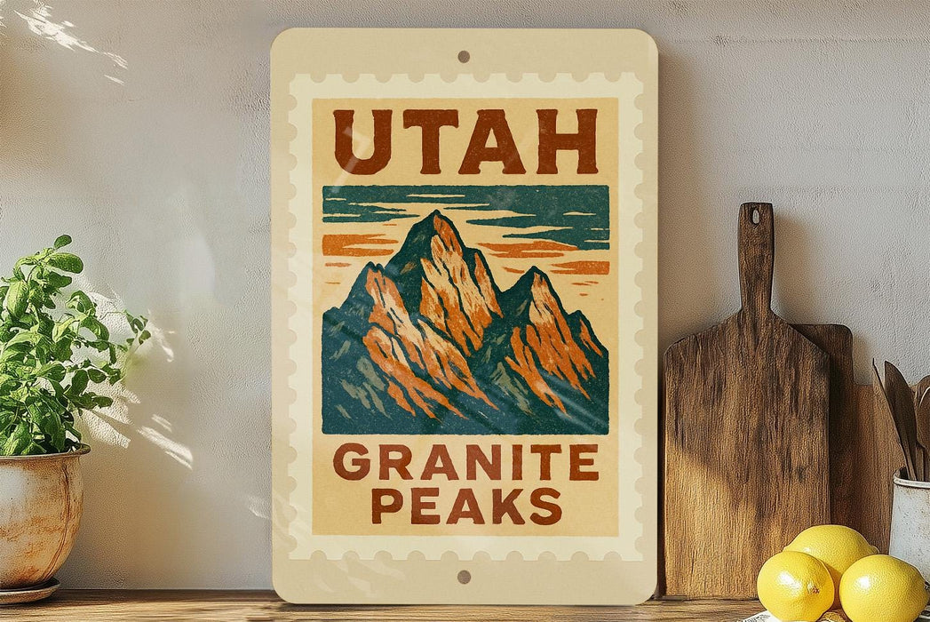 A framed poster of the Utah Granite Peaks hangs on a wall, surrounded by kitchen utensils and a potted plant.