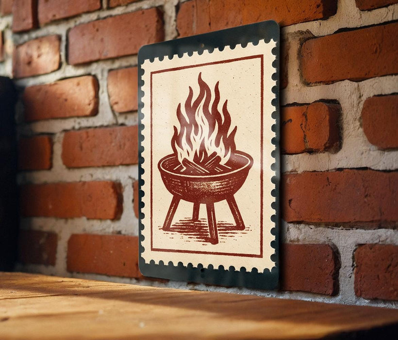 A metal sign with a red and white design depicting a fire pit or grill on a brick wall.