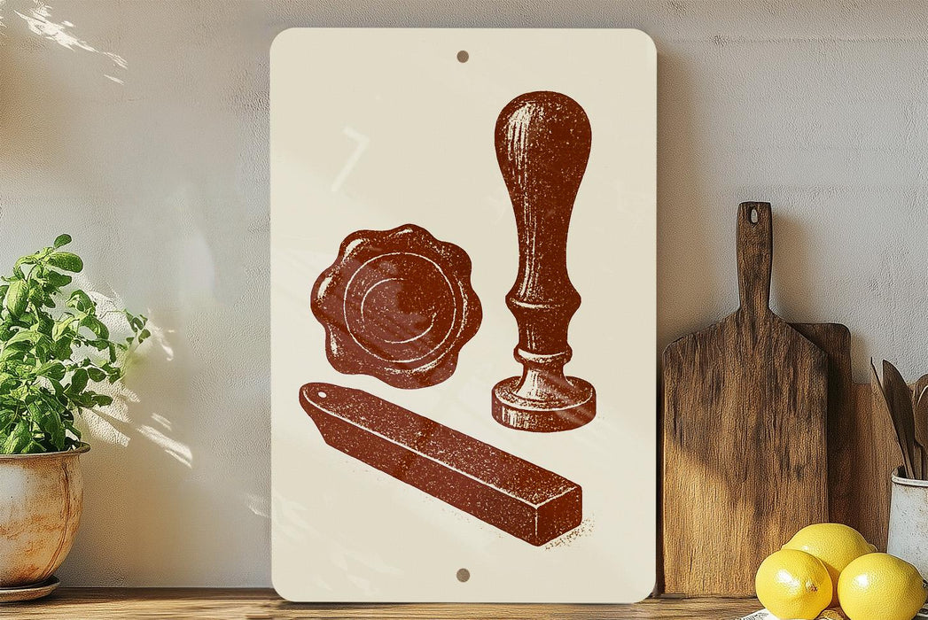 a white sign with a red illustration of a seal, a wax seal, and a wooden cutting board, placed on a wooden shelf next to a potted plant and some lemons.