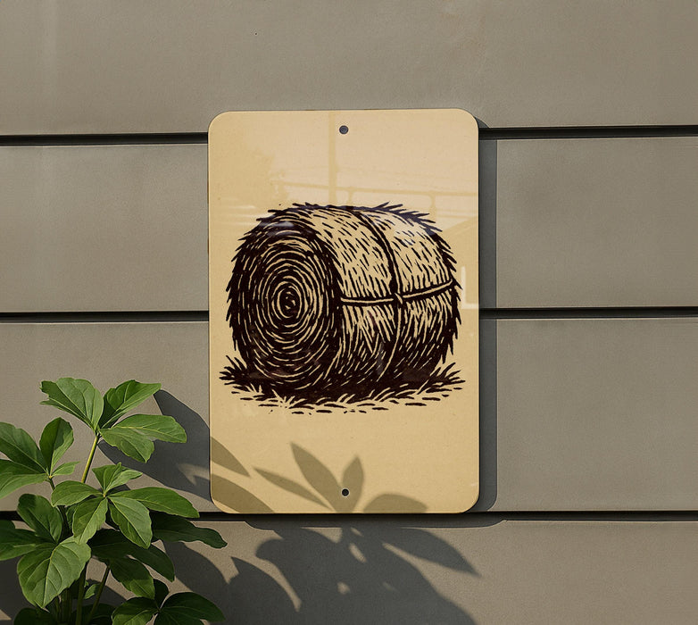 a sign with a drawing of a hay bale on it, mounted on a wall.