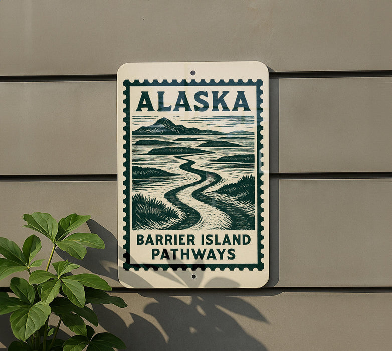 A sign for Barrier Island Pathways in Alaska, featuring a scenic illustration of a winding river surrounded by mountains.