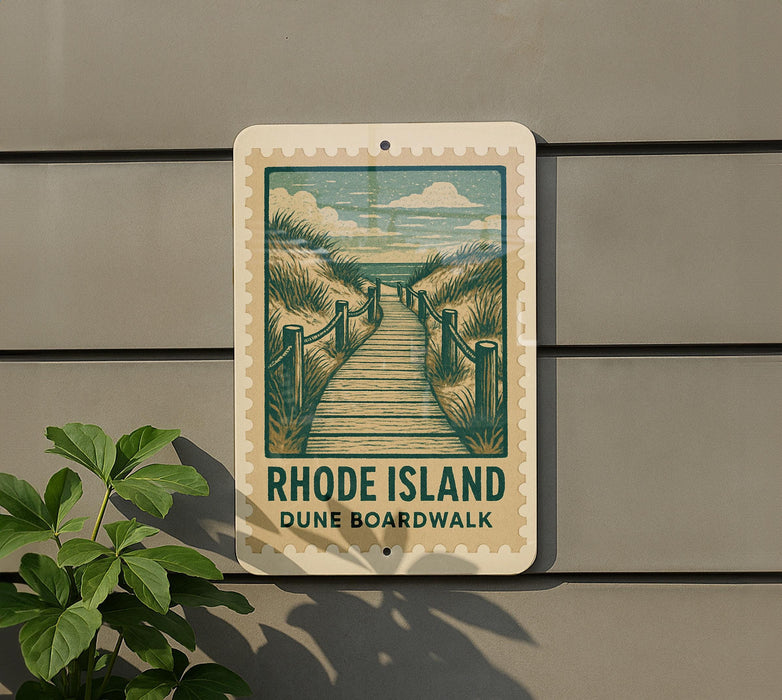 A sign for the Rhode Island Dune Boardwalk, featuring a wooden walkway leading to a beach scene.