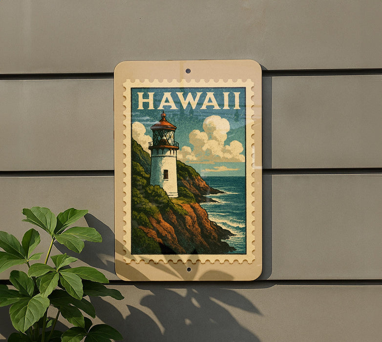 A framed vintage stamp depicting a lighthouse on a cliff overlooking the ocean, mounted on a wall.