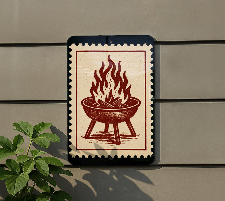 a sign with a red and white design depicting a fire pit or grill with flames.