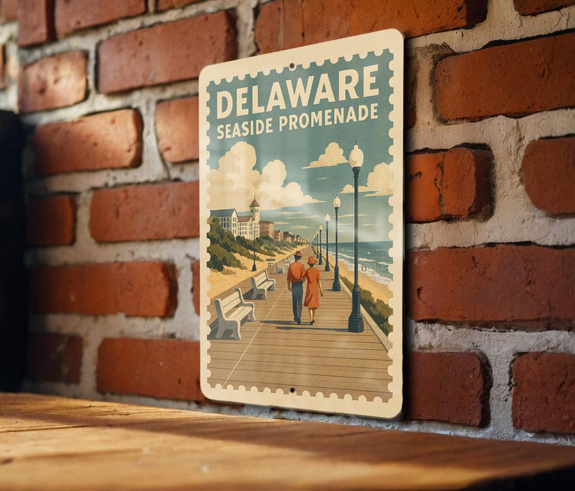 A vintage-style poster of a boardwalk in Delaware, featuring a couple walking along the boardwalk and a scenic view of the ocean and buildings in the background.