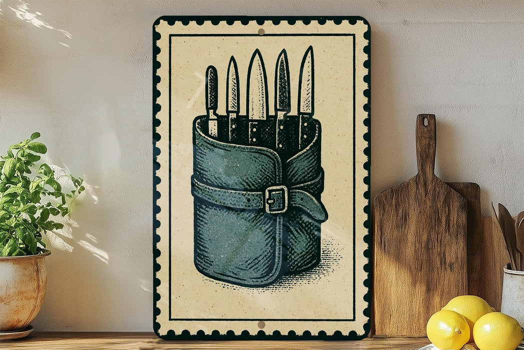 a wooden shelf with a framed illustration of a knife holder containing multiple knives, placed next to a wooden cutting board and a potted plant.