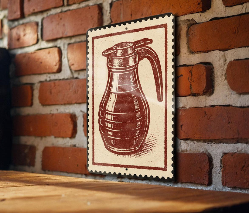 A red and white sign featuring a coffee mug illustration is mounted on a brick wall.