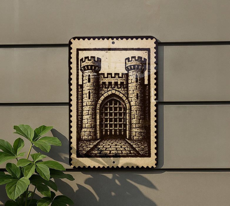a castle with two towers, depicted on a metal sign mounted on a wall.