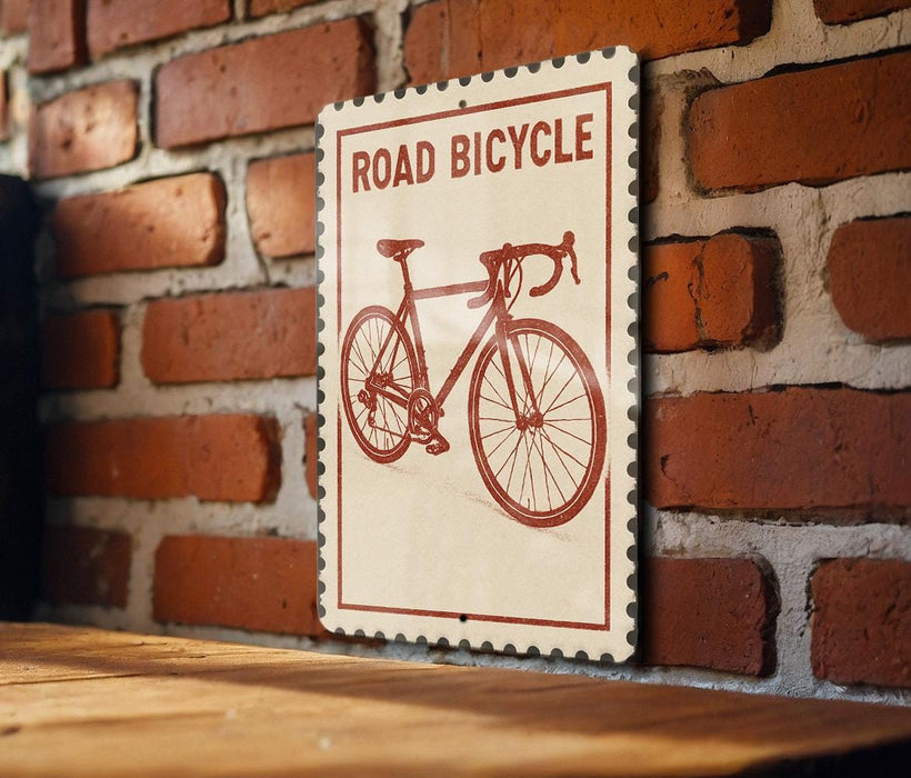 A sign with a bicycle on it is mounted on a brick wall.