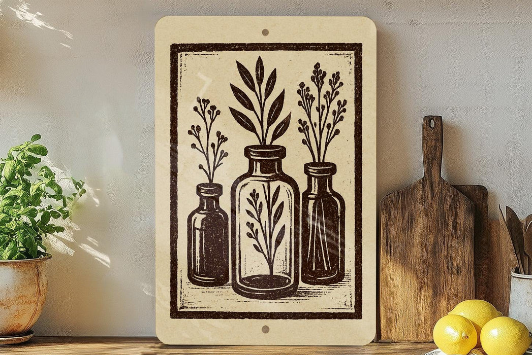 a wooden shelf with various objects, including three glass bottles with plants inside, a cutting board, and some lemons.