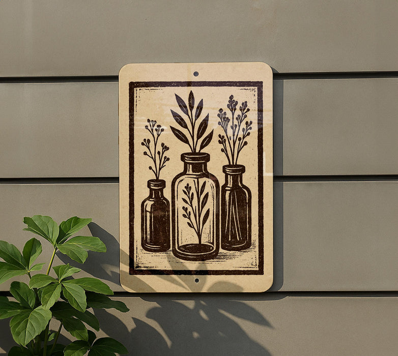 a sign with a black and white illustration of three vases with plants, mounted on a wall.
