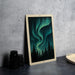 a framed painting of a night sky with a vibrant display of the Aurora Borealis, or Northern Lights, over a forest landscape.