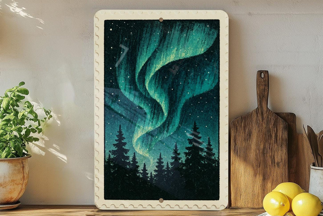 a framed painting of a night sky with a stunning display of the Aurora Borealis, or Northern Lights, over a forest of pine trees.